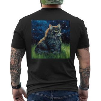 Cute Asian Semi-Longhair Cat In A Starry Sky Night Painting Men's T-shirt Back Print | Mazezy