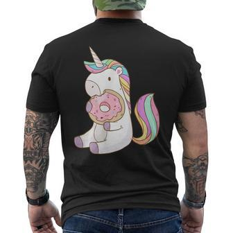 Cute Hungry Unicorn Munching On Yummy Donut Men's T-shirt Back Print | Mazezy