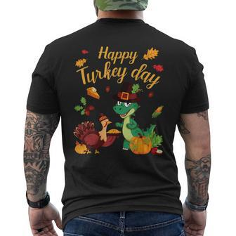 Dinosaur Dancing Pie Pumpkin Happy Turkey Day Thanksgiving Men's T-shirt Back Print | Mazezy