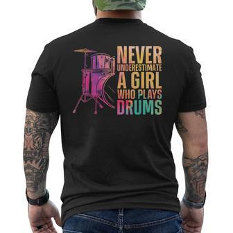 Drummer Drum Set Watercolor Never Underestimate A Girl Who Mens Back Print T-shirt - Seseable