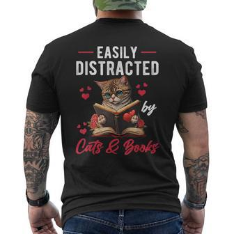 Easily Distracted By Cats And Books Cat & Book Lover Funny Mens Back Print T-shirt | Mazezy