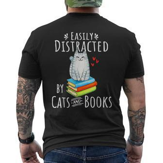 Easily Distracted By Cats And Books - Funny Cat & Book Lover Mens Back Print T-shirt | Mazezy