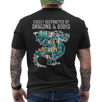 Easily Distracted By Dragons Books Funny Reading Bookworm Reading Funny Designs Funny Gifts Mens Back Print T-shirt | Mazezy