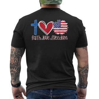 Faith Love Freedom American Flag Flower Christian Mens Back Print T-shirt | Mazezy