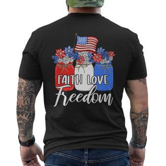 Faith Love Freedom American Flag Mason Jar Christian Mens Back Print T-shirt | Mazezy