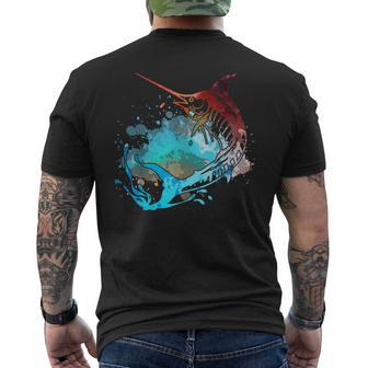 Fishing Marlin Swordfish Retro Vintage Sunset Watercolor Men's T-shirt Back Print | Mazezy