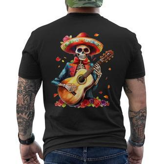Floral Guitar Dia De Los Muertos Cute Mariachi Day Of Dead Men's T-shirt Back Print - Seseable