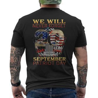 Never Forget Day Memorial 20Th Anniversary 911 Patriotic Men's Back Print T-shirt | Mazezy