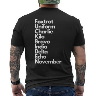 Foxtrot Uniform Charlie Kilo Bravo India Delta Echo Nov Men's T-shirt Back Print | Mazezy CA