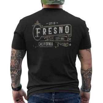 Fresno Ca Vintage Victorian Style Home City Distressed Men's T-shirt Back Print | Mazezy