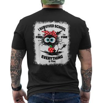 Funny Black Cat I Survived School Its Fine Im Fine Bleached Mens Back Print T-shirt - Thegiftio UK