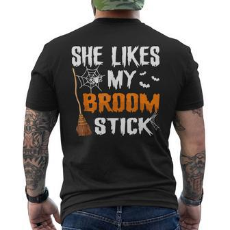 Halloween Matching Couples She Likes My Broomstick Men's T-shirt Back Print - Monsterry UK