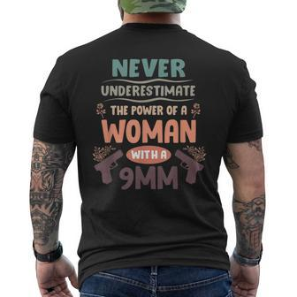 Funny Never Underestimate The Power Of A Woman With A 9Mm Mens Back Print T-shirt - Seseable