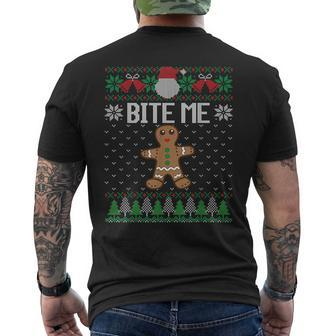 Ugly Christmas Sweater Bite Me Gingerbread Man Men's T-shirt Back Print | Mazezy