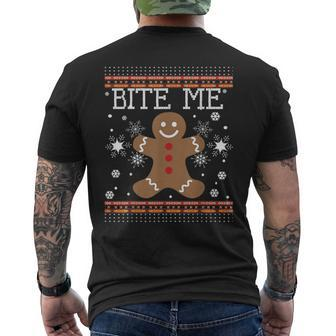 Ugly Xmas Sweater Bite Me Gingerbread Man Cookies Pj Men's T-shirt Back Print - Seseable