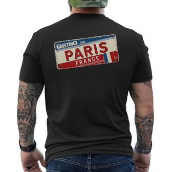 Greetings From Paris France Travel Vintage Car Tag France Funny Gifts Mens Back Print T-shirt | Mazezy