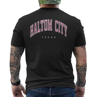 Haltom City Texas Tx Varsity Style Pink Text Men's T-shirt Back Print | Mazezy