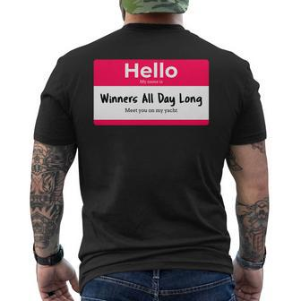 Hello My Name Is Winners All Day Long Charm Bachelor Party Mens Back Print T-shirt - Thegiftio UK
