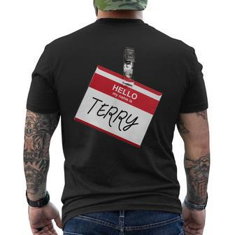 Hello My Name Is Terry Halloween Name Tag Custome Men's Back Print T-shirt | Mazezy