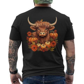 Highland Cow And Leaves Pumpkins Western Autumn Thanksgiving Men's T-shirt Back Print - Monsterry