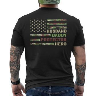 Husband Daddy Protector Hero Fathers Day 4Th Of July Flag Mens Back Print T-shirt - Thegiftio UK