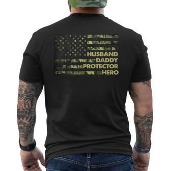 Husband Daddy Protector Hero For Men Camo Us Flag Mens Back Print T-shirt | Mazezy