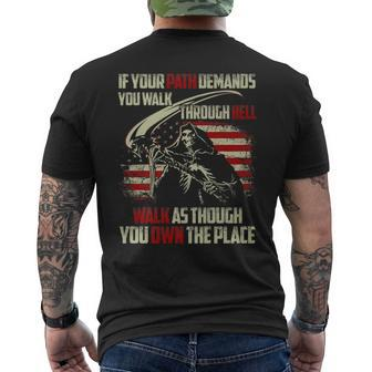 If Your Path Demands You Walk Through Hell Skeleton Usa Flag Usa Funny Gifts Mens Back Print T-shirt | Mazezy