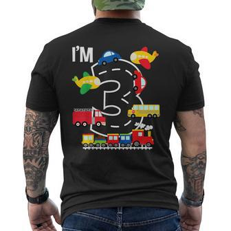 Im 3 Birthday Boy 3Rd Bday Train Car Fire Truck Airplane Mens Back Print T-shirt | Mazezy