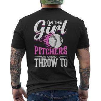 Im The Girl Pitchers Are Afraid To Throw To Softball Mens Back Print T-shirt | Mazezy