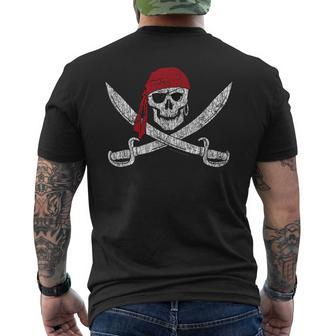Jolly Roger Pirate Skull And Cutlasses Flag Distressed Men's T-shirt Back Print | Mazezy