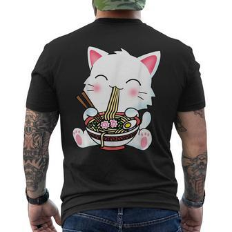 Kawaii Cute Anime Cat Ramen Noodles Japanese Neko Kitten Mens Back Print T-shirt | Mazezy