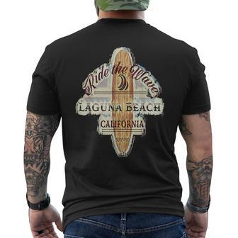 Laguna Beach Distressed Vintage Retro Surfboard Sign Men's T-shirt Back Print | Mazezy
