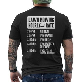 Lawn Mower Hourly Rate Mowing Gardener Grass Yard Kids Men Mens Back Print T-shirt | Mazezy CA