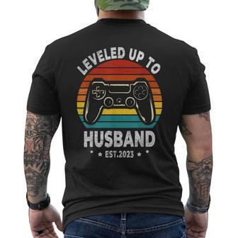 Leveled Up To Husband Est 2023 Newly Married Bachelor Party Mens Back Print T-shirt | Mazezy