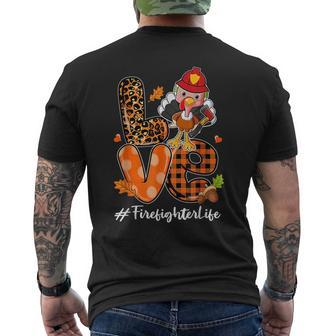 Love Firefighter Leopard Turkey Fall Thanksgiving Mens Back Print T-shirt | Mazezy
