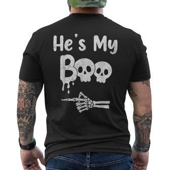 Matching Halloween Pajama Couples He's My Boo Skull Face Men's T-shirt Back Print - Monsterry CA