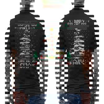 Merry Fishmas Ugly Sweater Fish Fishing Rod Christmas Tree Men's T-shirt Back Print | Mazezy