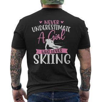 Never Underestimate A Girl Who Loves Skiing Skier Ski Skiing Funny Gifts Mens Back Print T-shirt | Mazezy
