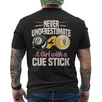 Never Underestimate A Girl With A Cue Stick Pool Player Mens Back Print T-shirt - Seseable