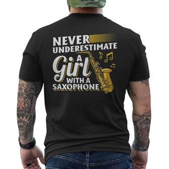 Never Underestimate A Girl With A Saxophone Saxophonist Girl Mens Back Print T-shirt | Mazezy