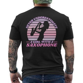 Never Underestimate A Girl With A Saxophone Saxophonist Mens Back Print T-shirt | Mazezy