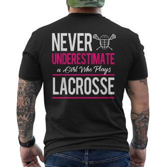 Never Underestimate A Gril Who Plays Lacrosse Mens Back Print T-shirt - Seseable