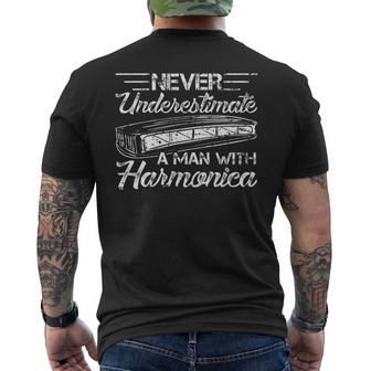 Never Underestimate A Man Harmonica Grunge Blues Musicians Mens Back Print T-shirt - Seseable