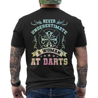 Never Underestimate A Woman At Darts Dartplayer Darting Mens Back Print T-shirt - Seseable