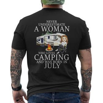 Never Underestimate A Woman Who Loves Camping Born In July Mens Back Print T-shirt - Seseable
