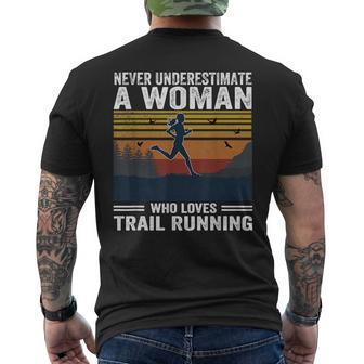 Never Underestimate A Woman Who Loves Trail Running Running Funny Gifts Mens Back Print T-shirt | Mazezy