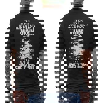 Never Underestimate A Woman With A Side By Side Mens Back Print T-shirt | Mazezy