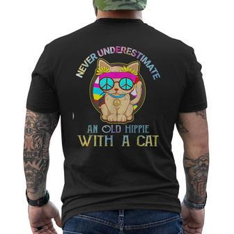 Never Underestimate An Old Hippie With A Cat Funny Mens Back Print T-shirt - Seseable