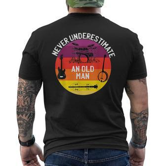 Never Underestimate An Old Man Bass Guitar Drums Banjo Gift For Mens Mens Back Print T-shirt - Seseable