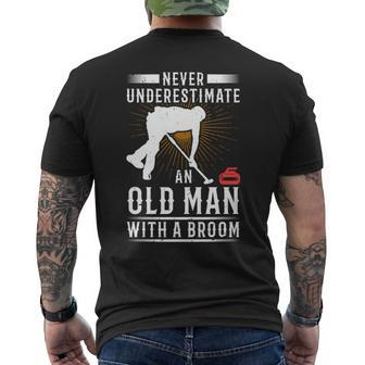 Never Underestimate An Old Man With A Broom Curling Gift Old Man Funny Gifts Mens Back Print T-shirt | Mazezy